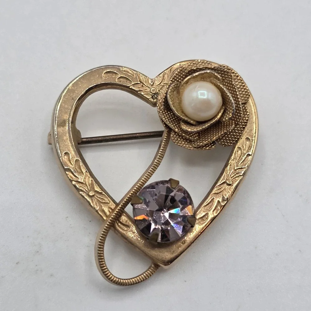 Vintage Gold Tone Heart Brooch Rose Faux Pearl Lavender Rhinestone Etched Pin